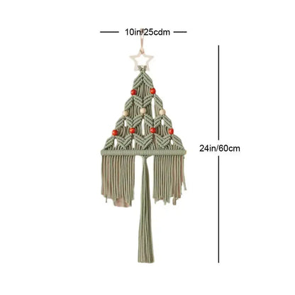 Boho sage green and cream macrame christmas tree wall hanging with red beads and star top for decorbites boho christmas decor