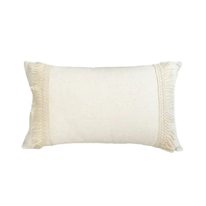 Cream-colored boho style cushion cover with textured linen fabric and decorative fringed edges for decorbites boho style decor