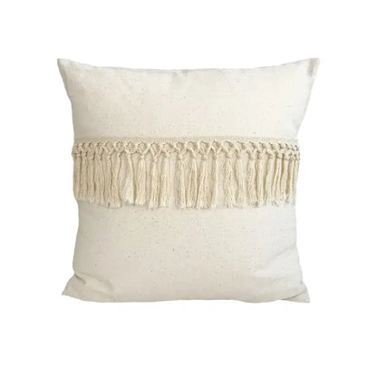 Boho style beige linen cushion cover with cream woven macrame fringe band and tassels for living room decor by decorbites