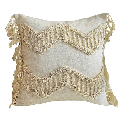Beige linen cushion cover with textured macramé wave patterns and tassels boho style tufted decorbites for sofa