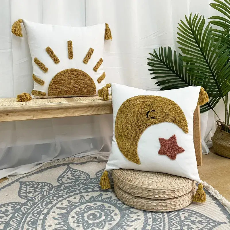 White embroidered decorative pillowcases 45x45 with mustard-yellow crescent moon red star and matching tassels for bedroom