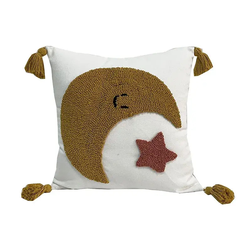 White boho sun and moon embroidered decorative pillowcases 45x45 featuring mustard yellow crescent moon and rust star with tassels