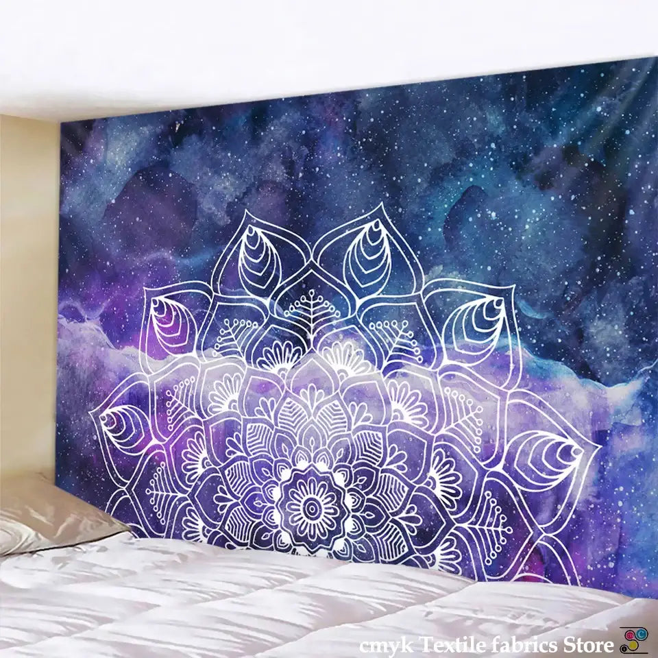 Vibrant purple and blue galaxy wall hanging featuring a detailed white sun moon mandala for boho sun decorbites decor