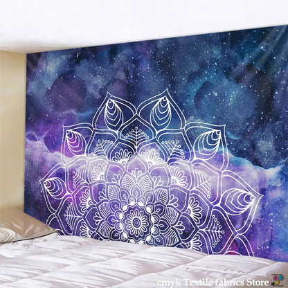 Vibrant purple and blue galaxy wall hanging featuring a detailed white sun moon mandala for boho sun decorbites decor