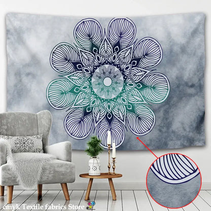 A gray textured wall hanging featuring a detailed boho sun moon mandala with blue and green gradient accents for decorbites boho sun decor