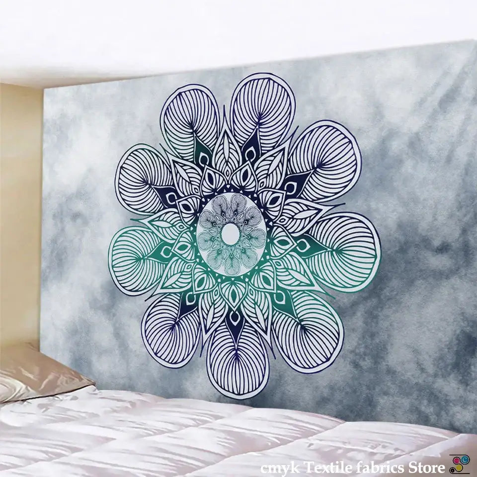 Bohobites boho sun moon decorative wall tapestry with black white teal sun moon mandala on textured gray background
