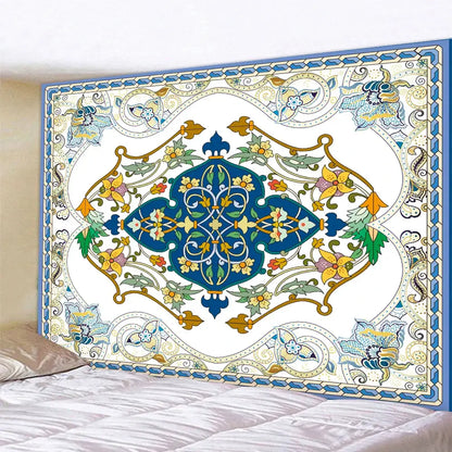 Decorbites boho tapestry set featuring a decorative gold yellow and blue floral design on white for bedroom decor