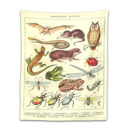 Vintage-style decorbites boho tapestry wall hanging in beige featuring french-labeled animals and an owl on a branch