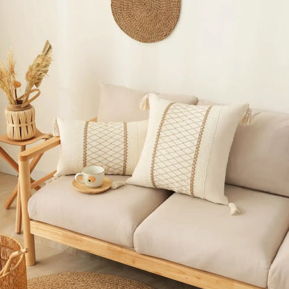 Beige boho tassel cushion cover with woven geometric patterns and tassels for gray living room decorbites boho tassel decor