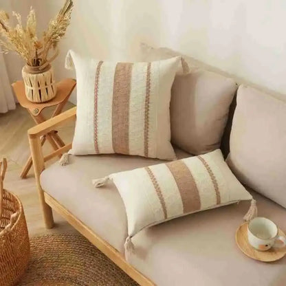 Beige and cream striped woven cushion cover with tassel accents decorbites boho tassel cushion for living room decor