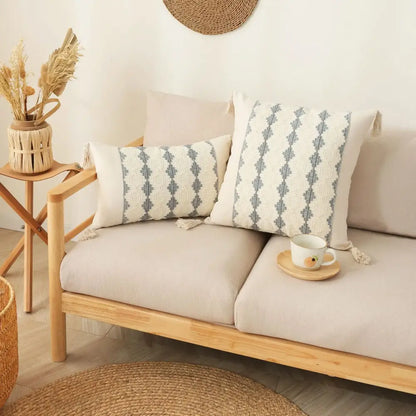 Beige woven cushion cover with gray geometric pattern and tassels decorbites boho tassel cushion for living room decor