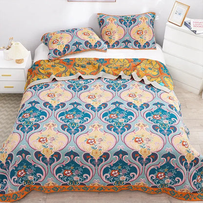 Boho teal floral cotton cover throw blanket with vibrant floral and damask patterns in teal gold orange and cream tones