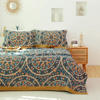 Boho teal and gold elephant cotton cotton boho manta throw blanket with intricate mandala and floral decorbites designs