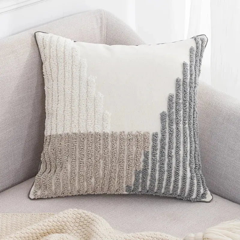 Boho tufted embroidered cushion cover in grey and beige with vertical tufted stripes for living room decorbites pillow