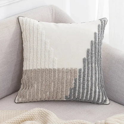 Boho tufted embroidered cushion cover in grey and beige with vertical tufted stripes for living room decorbites pillow