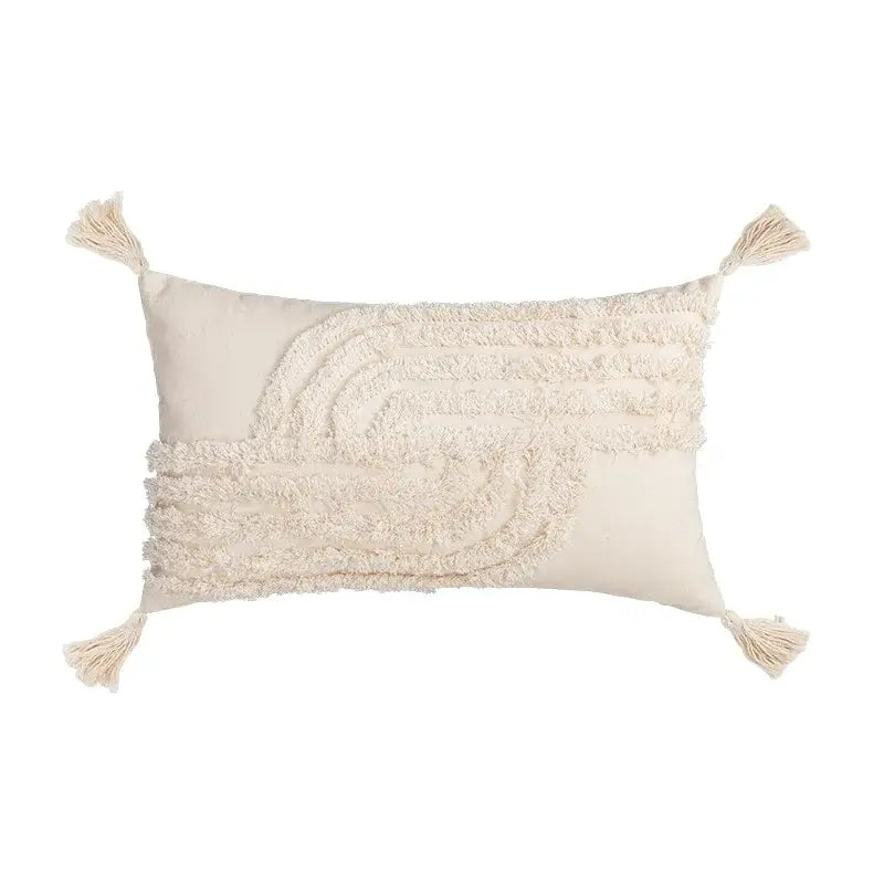 Cream-colored rectangular cushion cover with textured layered fringe and tassels for decorbites boho tufted embroidered style
