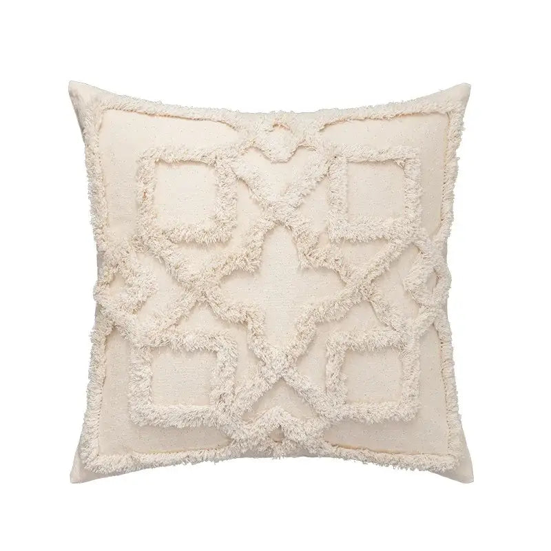 Cream-colored boho tufted embroidered cushion cover with textured frayed geometric pattern for living room decorbites