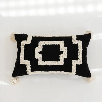 Black velvet rectangular pillow cover with cream woven geometric pattern and tassels decorbites boho tufted pillow