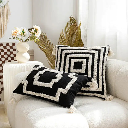 Black and white boho tufted pillow cover with geometric pattern and tassel trim for living room decorbites boho tufted pillow