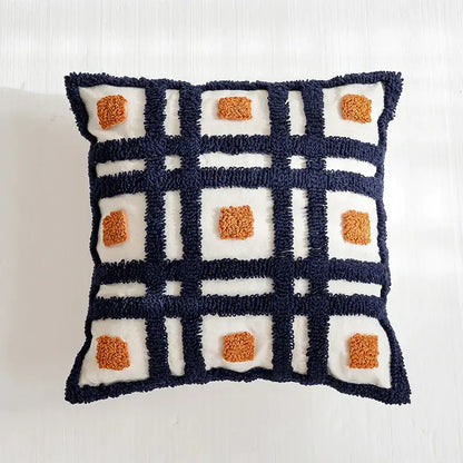 Navy and cream textured boho tufted pillow cover with burnt orange tufted square accents for living room decorbites decor
