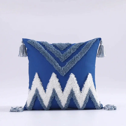 Blue boho tufted tassel cushion cover with white and gray zigzag patterned tassels for decorbites living room decor
