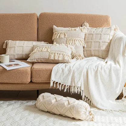 Cream-colored boho tufted tassel cushion cover with textured woven geometric patterns for living room decorbites decor