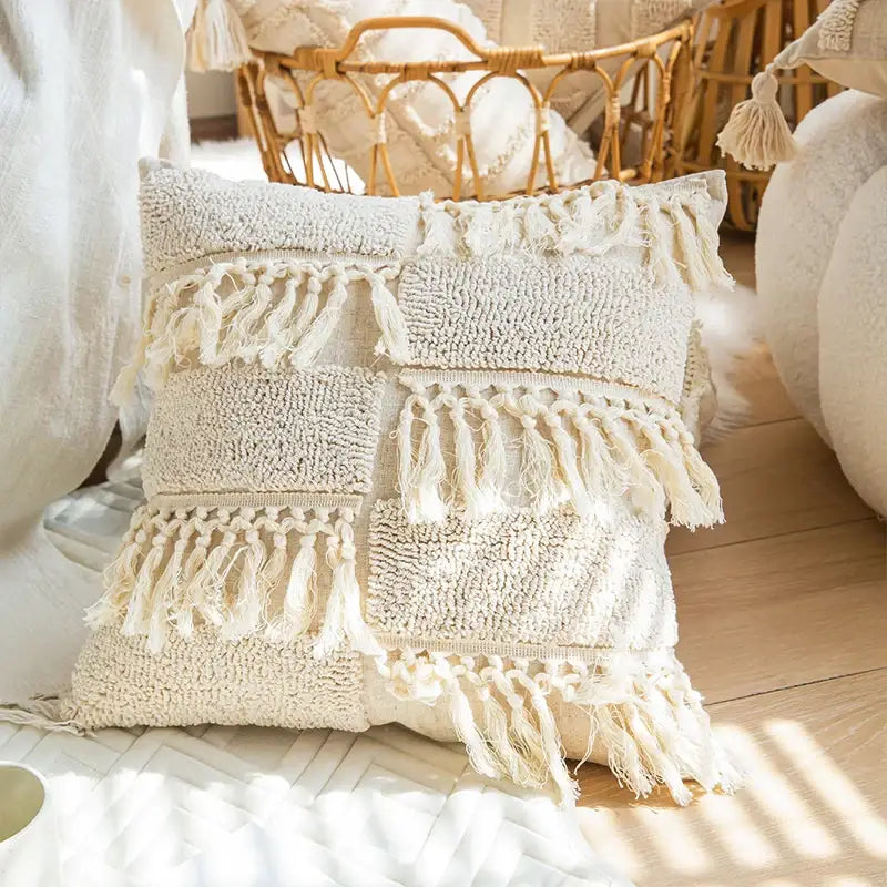 Cream-colored boho tufted tassel cushion cover with textured patchwork and tassels for living room decorbites decor