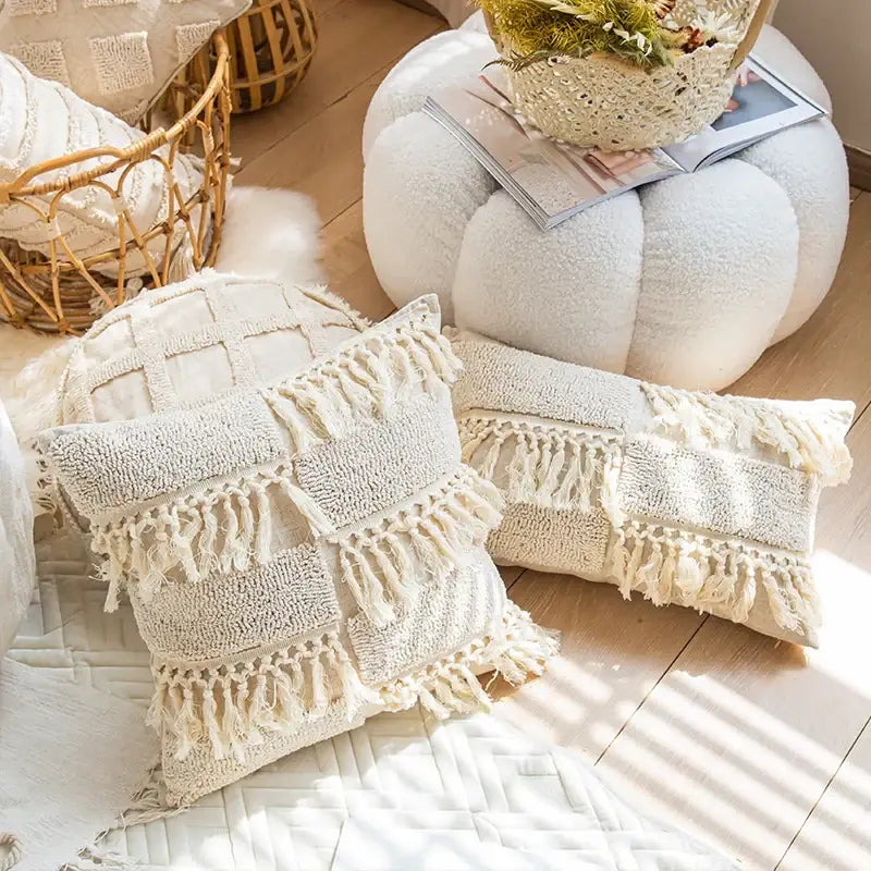 Cream-colored boho tufted tassel cushion cover with textured woven patterns for decorbites boho tufted living room decor