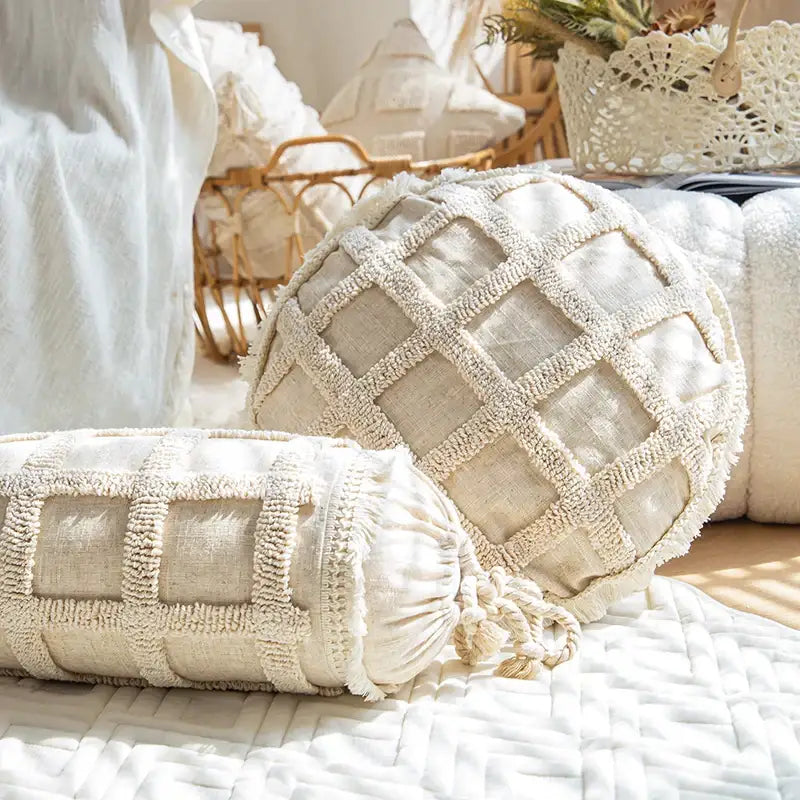 Cream-colored boho tufted tassel cushion cover with textured woven natural fiber fabric for living room decorbites pillow