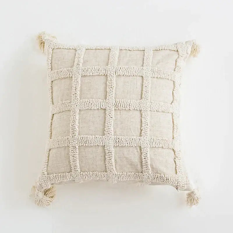 Beige linen boho tufted tassel cushion cover with textured grid pattern for living room decorbites boho tufted decor