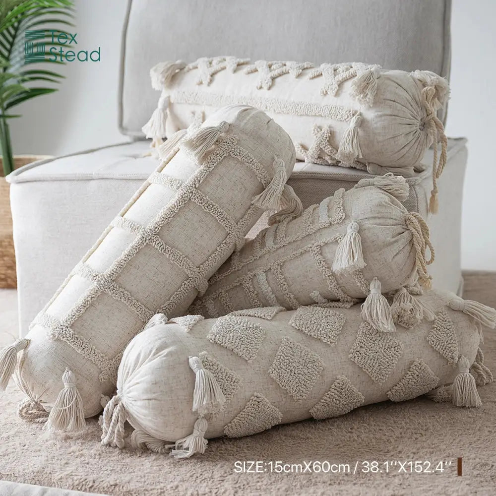 Cream-colored boho tufted tassel lumbar pillow with textured woven linen fabric for decorbites boho tufted bedroom decor