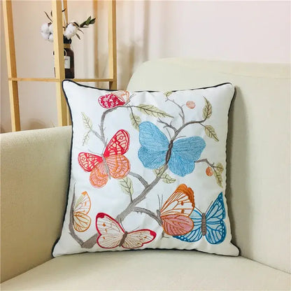 White alpaca lumbar pillow case with colorful embroidered butterflies on branch boho vintage embroidered decorbites decor