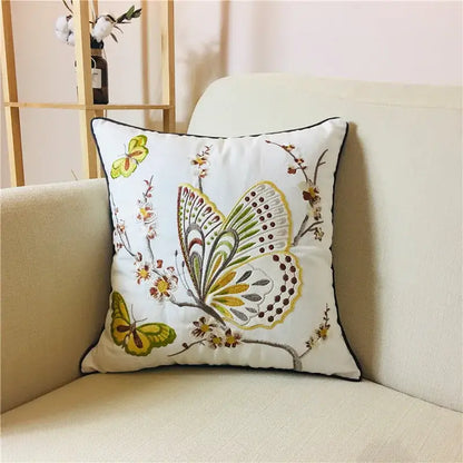 White alpaca lumbar pillow case with boho vintage embroidered butterflies and floral branches for decorbites boho vintage decor