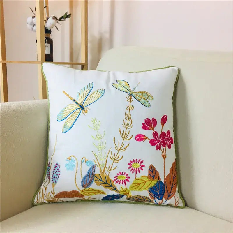Boho vintage embroidered white alpaca lumbar pillow with colorful dragonflies floral patterns and green border decorbites vintage embroidered lumbar pillow case