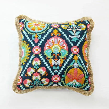 Boho vintage embroidered alpaca lumbar pillow case with vibrant floral and geometric patterns on navy blue base