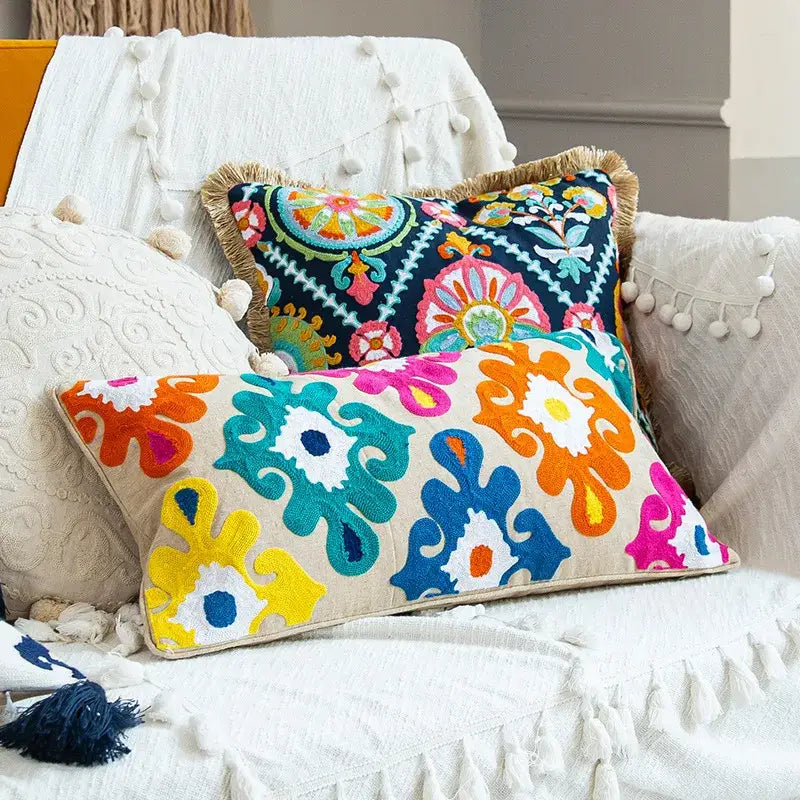 Vibrant boho vintage embroidered alpaca lumbar pillow case with bold floral patterns and fringed edges for bedroom decorbites boho vintage