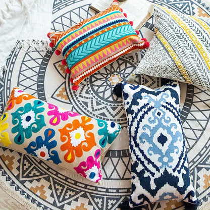 Vibrant decorbites boho vintage embroidered alpaca lumbar pillow case with colorful geometric and floral patterns on woven base