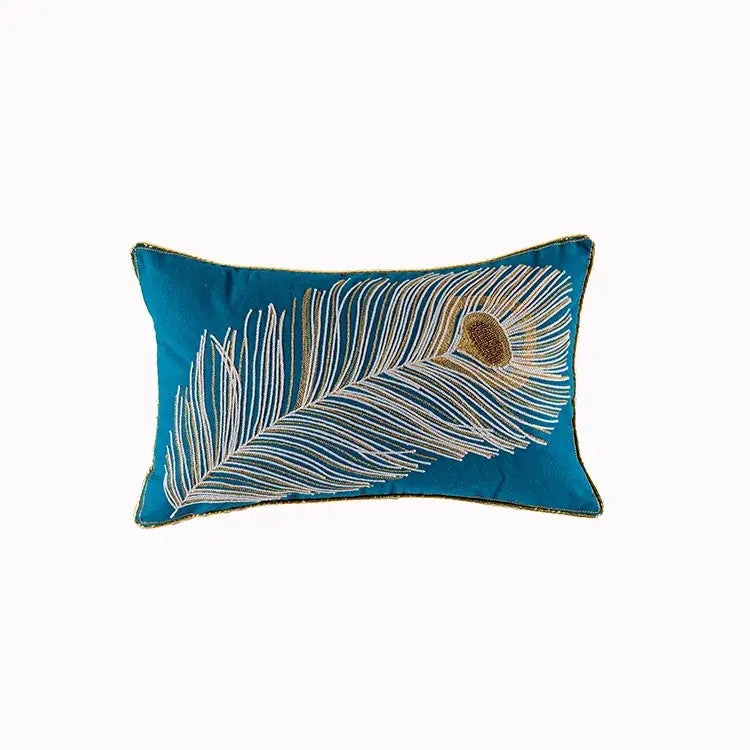 Teal boho vintage embroidered alpaca lumbar pillow with white and gold peacock feather decorbites design for bedroom decor