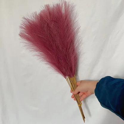 A hand holds decorbites fluffy pampas grass with dusty rose plumes and golden stems for living room decor