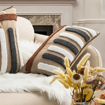 Beige boho loop pillowcase with gray and white textured stripes and brown border cushion cover for living room decorbites boho loop