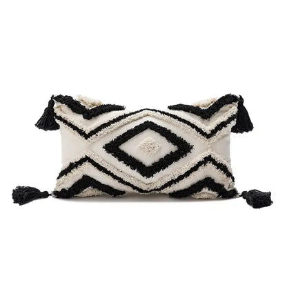 Black and cream geometric patterned boho loop pillowcase with tassels cushion cover for living room decorbites boho loop