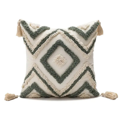 Cream and sage green geometric cushion cover with tassels from decorbites boho loop pillowcase for living room decor