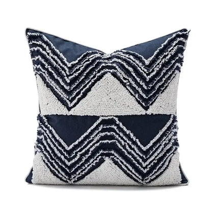 Navy and cream geometric embroidered throw pillow with textured zigzag patterns cushion cover for decorbites boho loop decor
