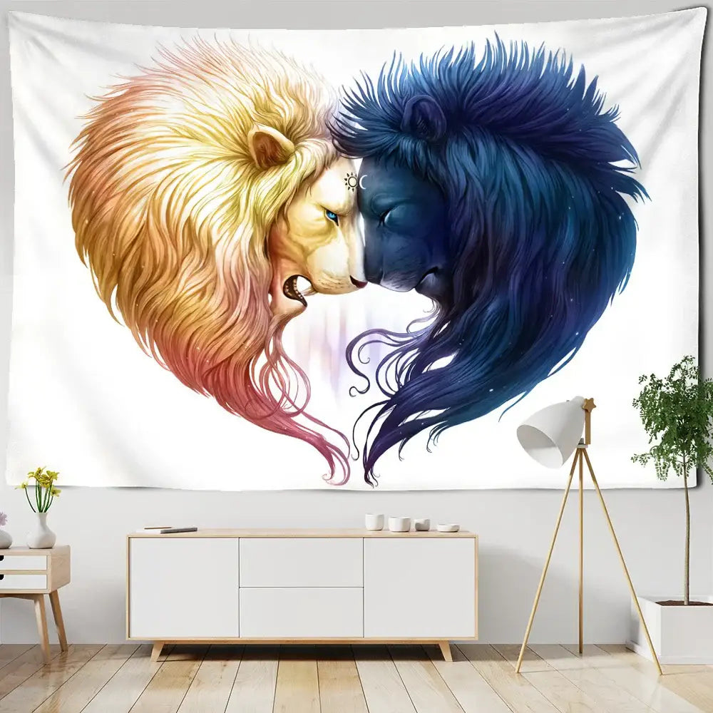 Boho wildlife tapestry wall hanging featuring two stylized white and blue lions forming a heart shape decorbites boho wildlife