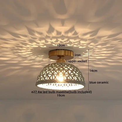 Boho woven rattan wood led ceiling light with brass iron base copper wood led socket and blue lattice ceramic shade for decorbites copper wood decor