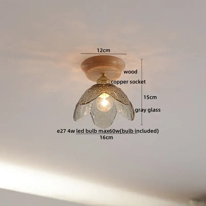 Boho woven rattan wood led ceiling light with gray glass flower pendant copper wood led for bedroom decorbites copper wood