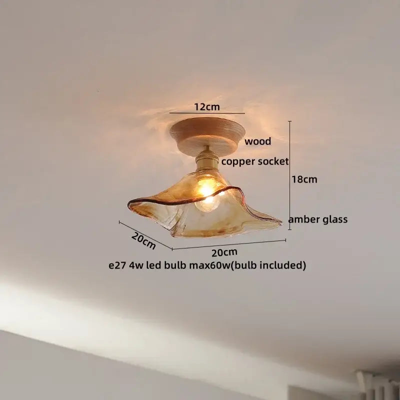 Boho woven rattan wood led ceiling light with warm amber fluted glass pendant and decorbites copper wood socket for bedroom decor