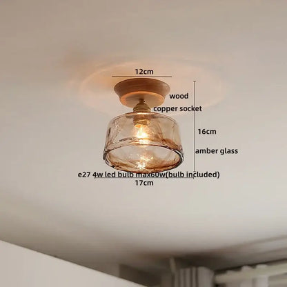 Boho woven rattan wood led ceiling light with warm amber glass shade copper wood led for bedroom decorbites copper wood