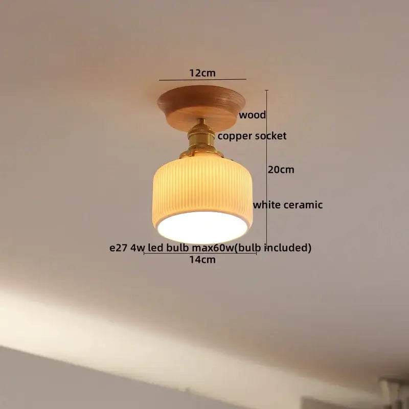 Boho woven rattan wood led ceiling light with warm copper wood led socket and white ceramic shade for bedroom decorbites copper wood
