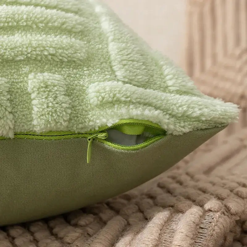 Boho yellow plush throw pillow covers featuring textured fuzzy light green fabric and a matching zipper closure
